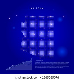 Arizona US state illuminated map with glowing dots. Infographics elements. Dark blue space background. Vector illustration. Growing chart, lorem ipsum text.