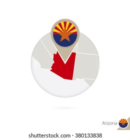 Arizona US State map and flag in circle. Map of Arizona, Arizona flag pin. Map of Arizona in the style of the globe. Vector Illustration.