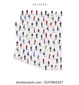 Arizona US state population map. Large group of realistic a diverse crowd of people figures. Flat vector illustration isolated on white.