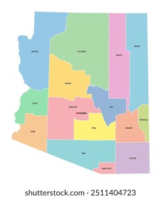 Arizona, U.S. state, subdivided into 15 counties, multi colored political map with capital Phoenix, borders and county names. State in the Southwestern region of the USA, nicknamed Grand Canyon State