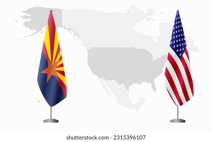 Arizona US and USA flags for official meeting against background of world map.