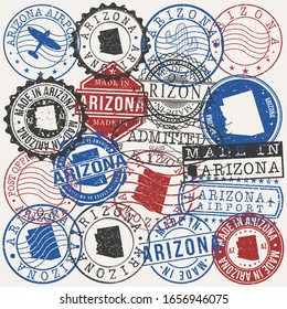 Arizona, USA Set of Stamps. Travel Passport Stamps. Made In Product. Design Seals in Old Style Insignia. Icon Clip Art Vector Collection.