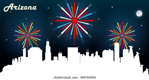 Arizona USA skyline silhouette vector design, dark night sky with fireworks