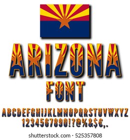 Arizona USA state flag font. Alphabet, numbers and symbols stylized by state flag. Vector typeset