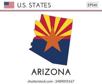 Arizona USA state map shape with flag. Map of Arizona in the Arizona flag colors. Outline map filled with its flag colors. Vector illustration.