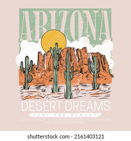 Arizona vector artwork, Arizona adventure vector print design. Cactus and Mountain artwork for posters, stickers, background and others. Desert vibes illustration.