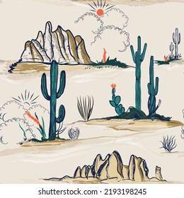 Obra vectorial de Arizona, cactus de verano sin foco sobre la mezcla del desierto con una flor de suculentos florecientes hermosa para tela de moda y todas las impresiones sobre fondo rosa.