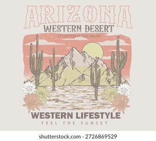 Diseño de Vector de Arizona. Siente el diseño del atardecer. Diseño de camiseta de Vector Desert Vibes. Obra de arte de impresión de gráficos de montaña del desierto.