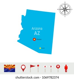 Arizona Vector Map Isolated on White Background. High Detailed Silhouette of Arizona State. Vector Flag of Arizona. 3D Map Markers or Pointers, Navigation Elements. Rose of Wind or Compass Icon