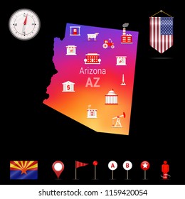 Arizona Vector Map, Night View. Compass Icon, Map Navigation Elements. Pennant Flag of the United States. Vector Flag of Arizona. Various Industries, Economic Geography Icons.