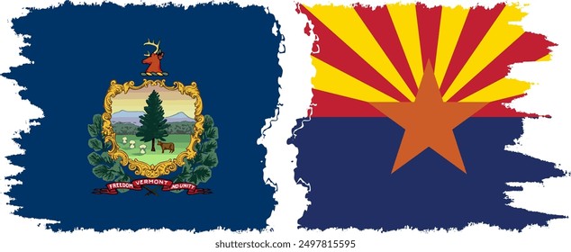 Arizona and Vermont states grunge brush flags connection, vector