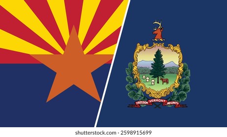 Arizona and Vermont states grunge brush flags connection, vector