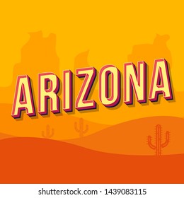 Arizona vintage 3d vector lettering. Retro bold font, typeface. Pop art stylized text. Old school style letters. 90s, 80s poster, banner, t shirt typography design. Orange desert color background