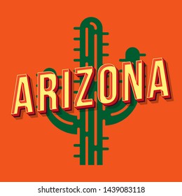 Arizona vintage 3d vector lettering. Retro bold font, typeface. Pop art stylized text. Old school style letters. 90s, 80s poster, banner, t shirt typography design. Orange color background with cactus