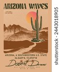 Arizona vintage desert print artwork, western vibes t-shirt design, grunge texture mountain , sky, cactus, print. summer clothing print look like cow boy, cow girl retro art. use this artwork for men