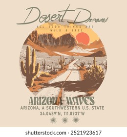 Arizona vintage deserto impressão arte, design de t-shirt vibes ocidental, grunge textura montanha. Design gráfico de aventura no deserto do Arizona. Desert Vibes, sentir o pôr do sol, Montanha impressão gráfica