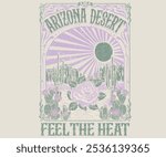 Arizona vintage print design for t shirt. Western desert vibes artwork design for sticker, poster, background, fashion and others. Cactus tree with flower vector design. Rose flower artwork.