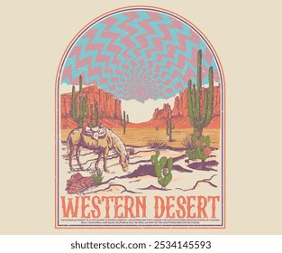 Arizona Vintage Print Design für T-Shirt. Desert Vibes Kunstwerk Design für Aufkleber, Poster, Hintergrund, Mode und andere. Grafikkunst der Wüstentour. Kaktusbaum, Vektordesign. Wildes Pferdehemd-Design.