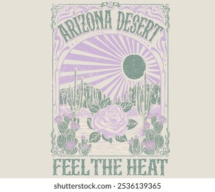 Arizona vintage print design for t shirt. Western desert vibes artwork design for sticker, poster, background, fashion and others. Cactus tree with flower vector design. Rose flower artwork.