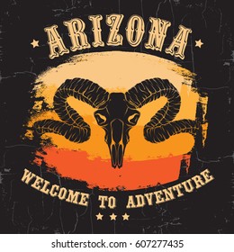 " Arizona. Welcome to adventure." Quote typographical background with grunge texture. Hand drawn illustration of ram skull. Template for card poster banner print for t-shirt.