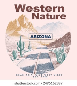 Diseño gráfico de la naturaleza del oeste de Arizona, camiseta del eslogan de la vibración salvaje del oeste de la carretera, diseño gráfico vintage de la camiseta del desierto, muchachas, muchacho, mini primavera del bebé, verano, otoño invierno Vector montañoso