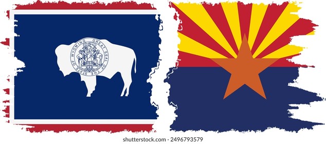 Arizona and Wyoming states grunge brush flags connection, vector