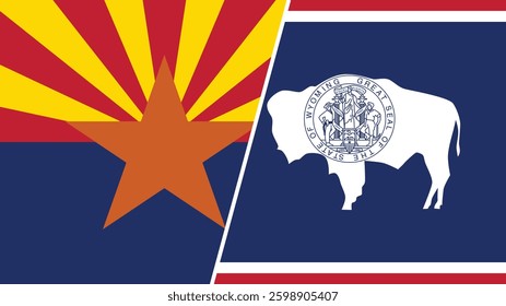 Arizona and Wyoming states grunge brush flags connection, vector