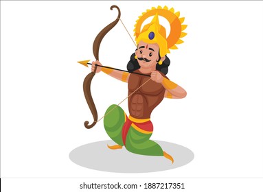 Arjuna is fighting a war with arrow and bow in his hand. Vector graphic illustration. Individually on white background.