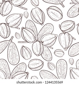Arjuna. Fruit, leaves. Seamless, texture, background, wallpaper. Sketch. Monophonic.