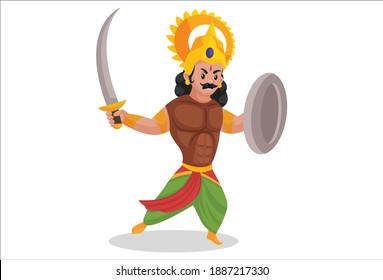 Arjuna is holding a sword and shield in his hands and fighting war. Vector graphic illustration. Individually on white background.