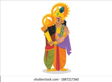 Arjuna is hugging lord Krishna. Vector graphic illustration. Individually on white background.