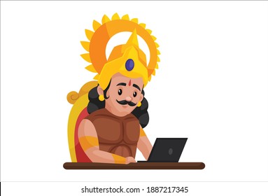 Arjuna is sitting on the throne and working on a laptop. Vector graphic illustration. Individually on white background.