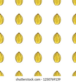 Arjuna. Yellow fruit. Seamless, texture, background, wallpaper. Sketch. 