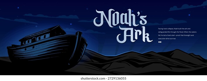 Noah’s Ark Adrift Beneath a Luminous Night Sky — A Timeless Silhouette of Faith and Survival, Framed by Distant Mountain Ranges and the Ancient Flood