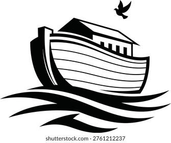 Noah’s Ark Boat Icon Floating on Sea Waves – Minimalist Black and White Vector Illustration
