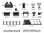 Ark of the Covenant and Christian religious items. Vector of Ark of the Covenant, altar of incense, candlestick, brazen altar, altar of sacrifice, table of shewbread, laver, curtain, and tabernacle. 