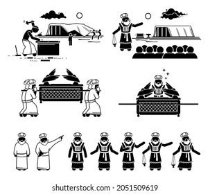 Ark Of The Covenant Construction And Christian High Priest Pictogram And Icons. Vector Illustrations Of The Ark Of Covenant From Hebrew Bible With People Building And Carrying It. 