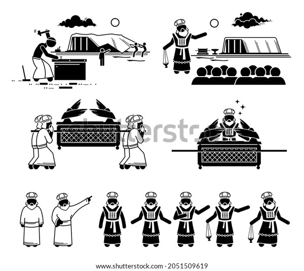 Ark of the
Covenant construction and Christian high priest pictogram and
icons. Vector illustrations of the Ark of Covenant from Hebrew
Bible with people building and carrying it.
