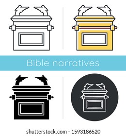 Ark of the Covenant icon. Bible story. Golden Ark of God and testimony. Religious legend. Christian religion. Biblical narrative. Glyph, chalk, linear and color styles. Isolated vector illustrations