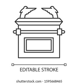 Ark of the Covenant linear icon. Bible story. Golden Ark of God and testimony. Christian religion, holy book scene plot. Biblical narrative. Vector isolated outline drawing. Editable stroke