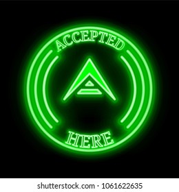 Ark (ARK) green  neon cryptocurrency symbol in round frame with text "Accepted here". Vector illustration isolated on black background