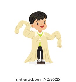  ark haired boy wearing dult oversized clothes, kid pretending to be adult vector Illustration