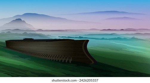 Ark of Noah. Great Flood. Ararat mountains. Biblical vector illustration.