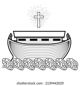 The ark of Noah on waves, biblical wooden ship and crucifix, flood saving holy boat, vector