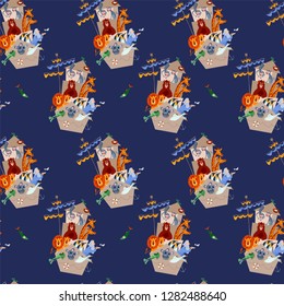 Noah’s ark with various animal pairs (monkey, bear, giraffe, lion, penguin, crocodile, koala, goose, pigeon, crab). Seamless background pattern. Vector illustration 