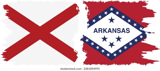 Arkansas and Alabama states grunge brush flags connection, vector