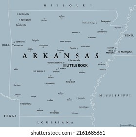 Arkansas, AR, Gray Political Map, With The Capital Little Rock And Large, Important Cities. Landlocked State In The South Central United States, Nicknamed The Natural State, And Land Of Opportunity.