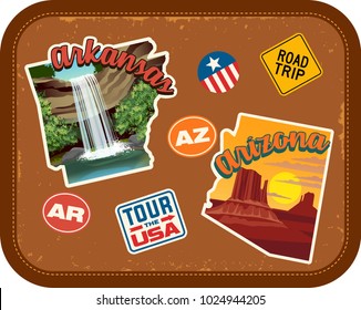 Arkansas, Arizona travel stickers with scenic attractions and retro text on vintage suitcase background