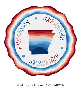 Arkansas badge. Map of the us state with beautiful geometric waves and vibrant red blue frame. Vivid round Arkansas logo. Vector illustration.