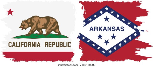 Arkansas and California states grunge brush flags connection, vector